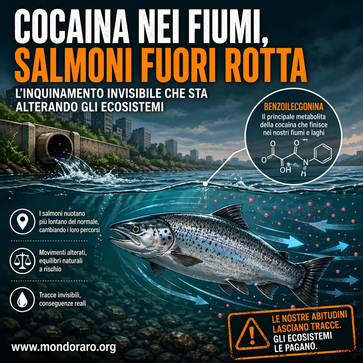 Cocaina nei fiumi, salmoni fuori rotta: l’inquinamento invisibile che sta alterando gli ecosistemi